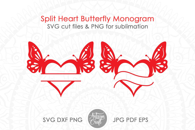 Split heart monogram SVG, butterfly heart SVG Artisan Craft SVG 