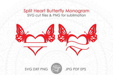 Split heart monogram SVG, butterfly heart SVG Artisan Craft SVG 