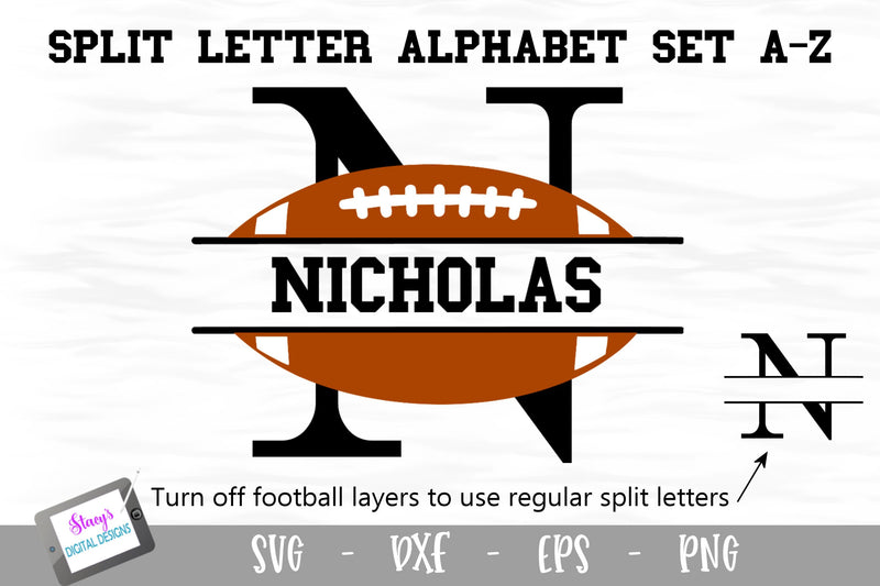 Split Letters A-Z - 26 Split Monogram Football SVG alphabet - So Fontsy