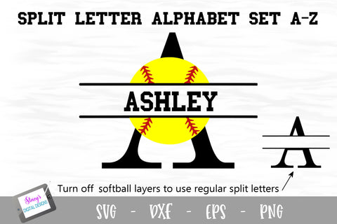 Split Letters A-Z - 26 Split Monogram Softball SVG alphabet SVG Stacy's Digital Designs 