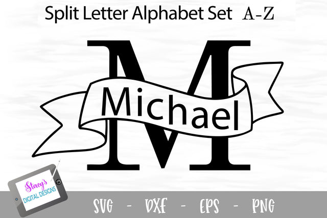 Split Letters A- Z - 26 Split monogram SVG files with banners SVG Stacy's Digital Designs 