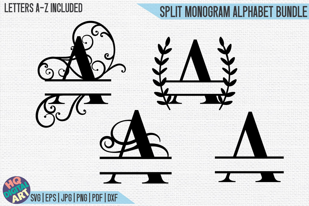 Floral Split Monogram Alphabet SVG, 26 Split Letters By HQDigitalArt