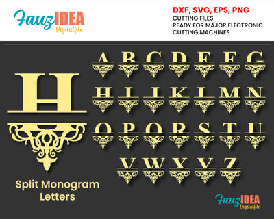 Split Monogram Letters SVG DXF Vector Cut Files Monogram Font Cuttable Letters Vinyl Iron On Heat Press Transfer Silhouette Cricut SVG Fauz 