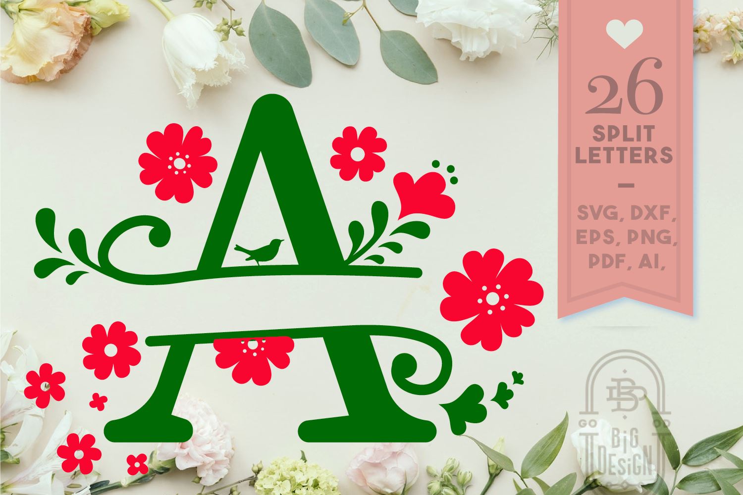 Floral split monogram svg, Flowers wreath svg, Family last name monogram -  So Fontsy