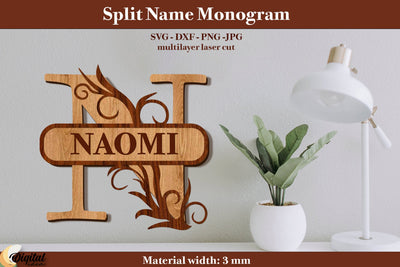 Split Name Monogram Laser Cut. 3D Name. Name Sign Laser Cut SVG Evgenyia Guschina 