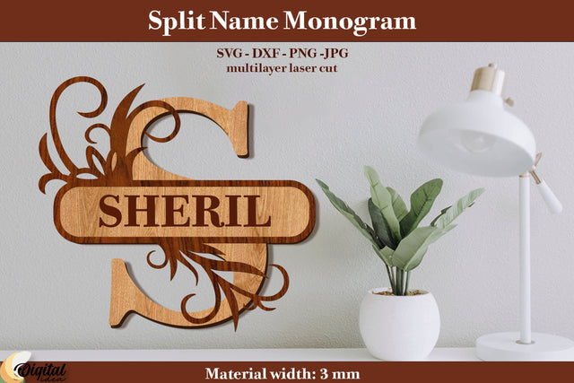 Split Name Monogram Laser Cut. 3D Name. Name Sign Laser Cut SVG Evgenyia Guschina 
