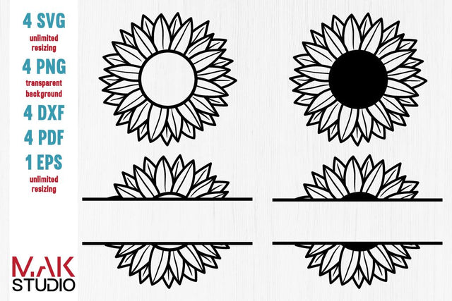 Split sunflower svg, Split flower monogram svg, Split flower svg, Girl monogram flower svg, Split sunflower cut files SVG MAKStudion 