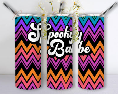 Spooky Babe Halloween Tumbler PNG, Zig Zag Pattern Design, 20. oz Stainless Steel Skinny Tumbler with Lid Sublimation PixelChick 