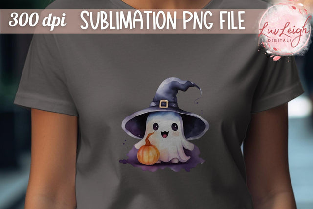 Spooky Cute Ghost with Pumpkin Tshirt PNG Sublimation Luvleigh Digitals 