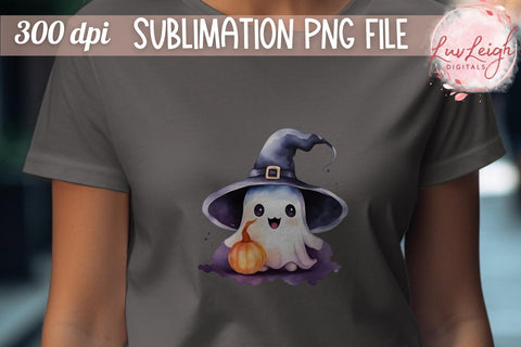 Spooky Cute Ghost with Pumpkin Tshirt PNG Sublimation Luvleigh Digitals 