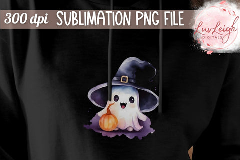Spooky Cute Ghost with Pumpkin Tshirt PNG Sublimation Luvleigh Digitals 