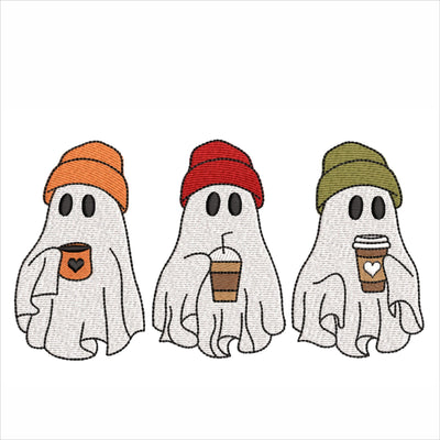 Spooky Ghost with Coffee Embroidery Design, Ghost Coffee Halloween Embroidery Design, Ghost Drinking Coffee Embroidery Design, 4 sizes Embroidery/Applique DESIGNS Nino Nadaraia 