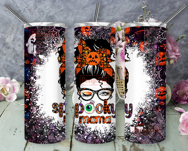 Spooky Mama Tumbler Png, Halloween Spooky 20oz Skinny Tumbler, Pumpkin Ghost Spiderweb Design Tumbler, Halloween Messy Bun Tumbler Wrap, Halloween Sublimation Design for Straight, Digital Download Sublimation DesignSVG 