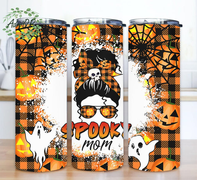 Spooky Mom 20oz Skinny Tumbler Sublimation, Halloween Messy Bun Mom Life Tumbler, Halloween Messy Bun Tumbler, Halloween Tumbler, Spooky Mom Cup Sublimation AdriOP 