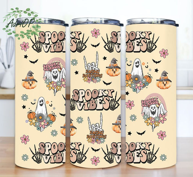 Spooky Season Fall Tumbler, Spooky Vibes, Retro Ghost Flower Tumbler Design, 20 Oz Tumbler, Sublimation Designs, Tumbler PNG Sublimation AdriOP 