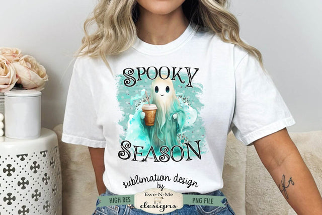 Spooky Season Teal Ghost with Iced Coffee Sublimation Design Sublimation Ewe-N-Me Designs 