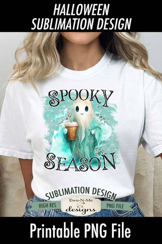 Spooky Season Teal Ghost with Iced Coffee Sublimation Design Sublimation Ewe-N-Me Designs 