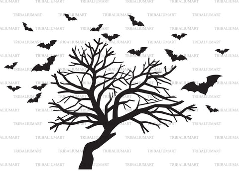 Spooky tree and flying bats SVG TribaliumArtSF 