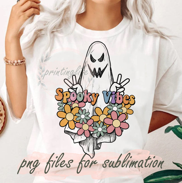 Spooky Vibes Ghost HalloweenPNG Sublimation Design Download, Floral Halloween png, ghost Halloween png, retro sublimation, fall sublimation, retro, vintage Sublimation PrintingLife 