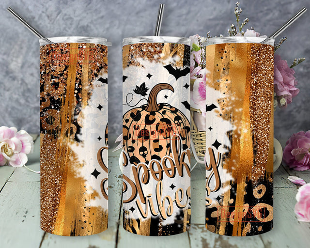 Spooky Vibes Halloween Tumbler Wrap Png, 20 Oz Skinny Tumbler Png Sublimation, Leopard Pumpkin Tumbler Png, Gold Glitter Tumbler Png Sublimation DesignSVG 