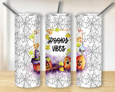 Spooky Vibes Pumpkin Halloween 20 oz straight tumbler png file Tumbler Designs for 20oz Skinny Tumbler, Halloween tumbler design spider webs Sublimation BouDesign 