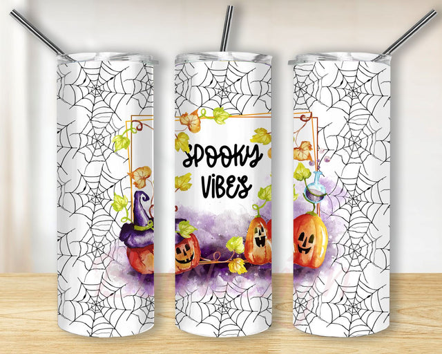 Spooky Vibes Pumpkin Halloween 20 oz straight tumbler png file Tumbler Designs for 20oz Skinny Tumbler, Halloween tumbler design spider webs Sublimation BouDesign 