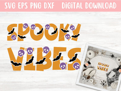 Spooky Vibes SVG File for Cricut or Silhouette, Halloween Sublimation PNG, Skulls & Bats SVG Digital Download Commercial Use SVG Apple Grove Designs 