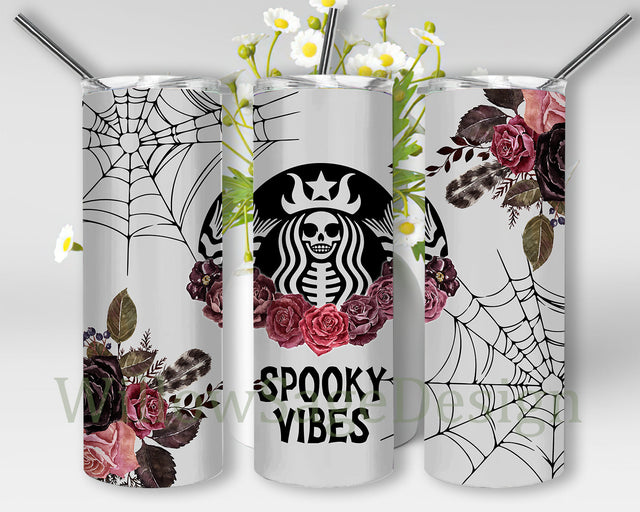 Spooky Vibes Tumbler Png, Halloween Spooky 20oz Skinny Tumbler, Spiderweb Design Png, Halloween Floral Tumbler Wrap, Spooky Sublimation Design for Straight, Instant Download Sublimation WillowSageDesign 