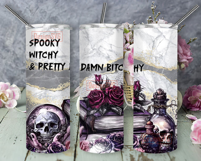 Spooky Witchy Pretty Damn Bitchy 20 oz Skinny Tumbler Sublimation Design Digital Download, Gothic Witch Tumbler PNG Sublimation DesignSVG 