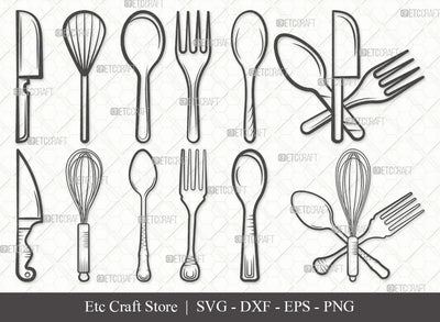 Spoon Outline SVG Cut File | Fork Svg | Knife Svg | Utensil Svg | Cutlery Svg | Eps | Dxf | Png | Bundle SVG ETC Craft 