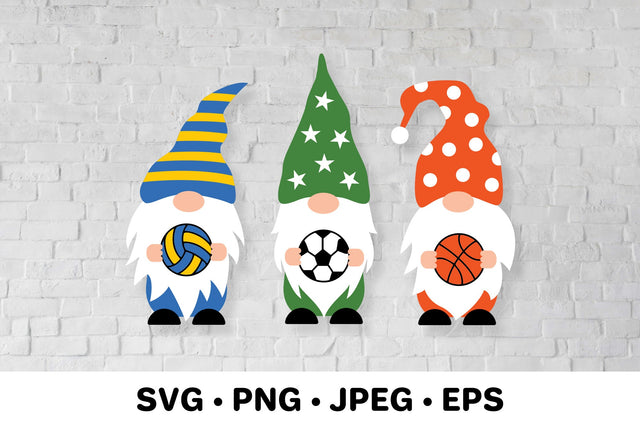 Sport gnomes holding basketball, volleyball, soccer balls SVG LaBelezoka 