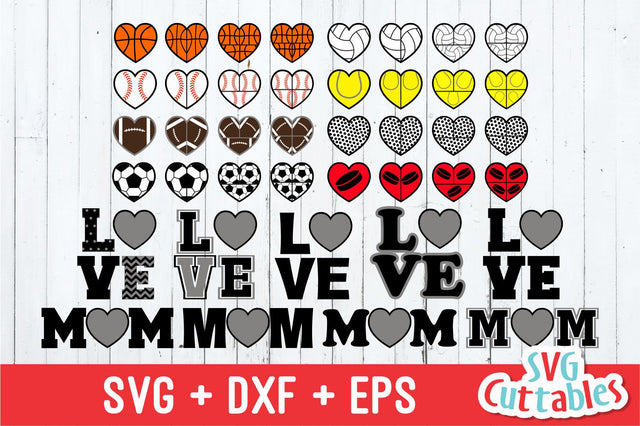 Sports Balls Love / Mom Hearts SVG Svg Cuttables 