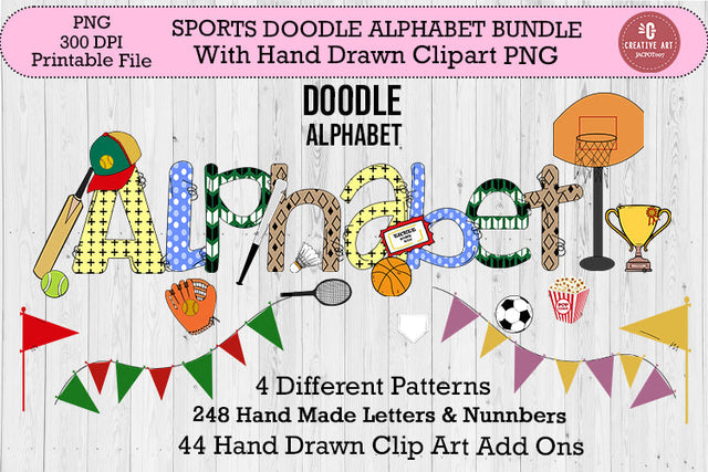 Sports Doodle Alphabet Bundle with Hand Drawn Clipart PNG Sublimation jacpot007 