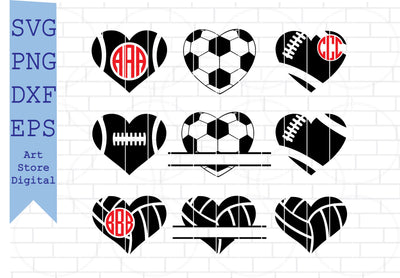 Sports Heart , Sport Heart Svg, Football Heart Svg, Soccer Heart Svg, Baseball Heart Svg, Baseball Heart Shaped SVG SVG Artstoredigital 