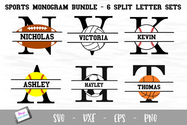 Sports Monogram Bundle - 6 Sets of Sports Split Letters A-Z SVG Stacy's Digital Designs 