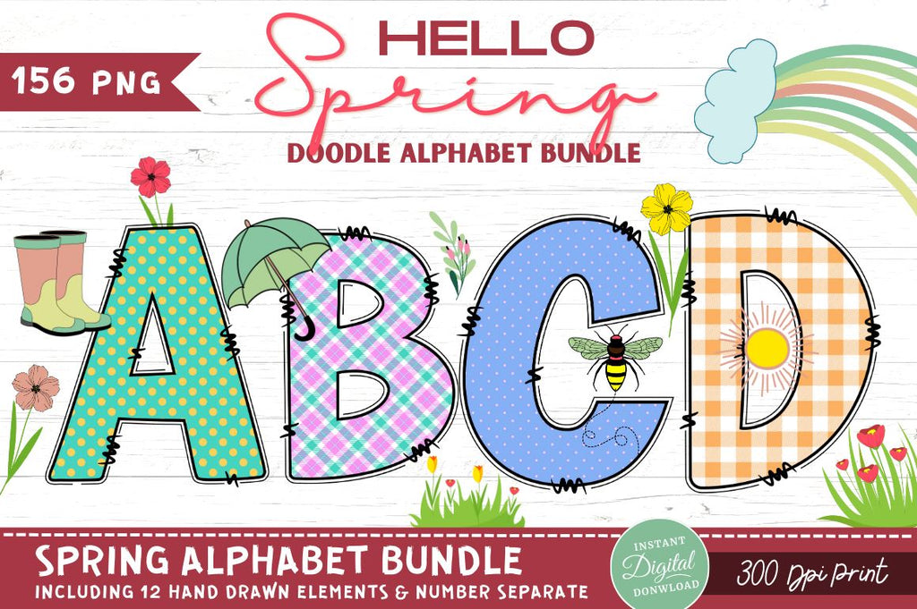 Spring Cursive Doodle Spring Doodle Alphabet with Hand Drawn Numbers and Clipart - So Fontsy