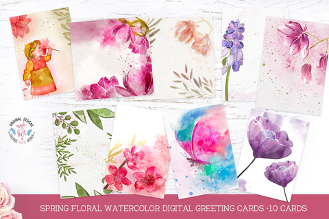 Spring Easter Watercolor Cards with Flowers SVG Graphic House Design 