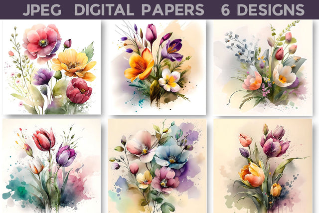 Spring Floral Digital Papers | Spring Flowers Background Digital Pattern WatercolorColorDream 