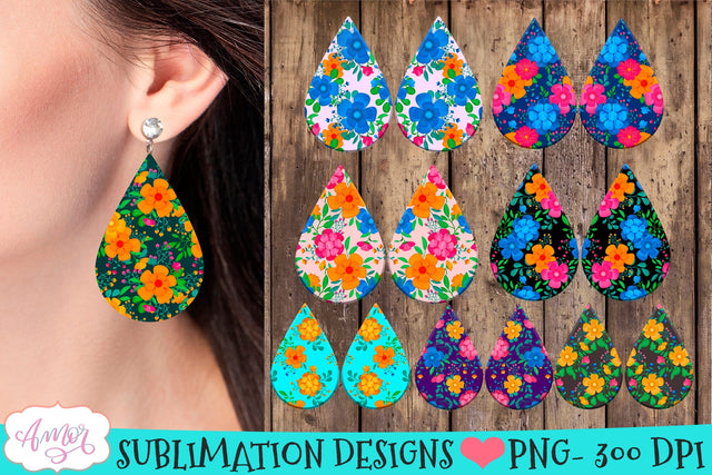Spring floral Teardrop earring sublimation Bundle, 8 designs Sublimation Amorclipart 