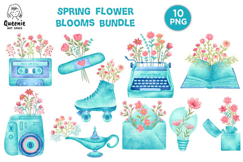 Spring Flower Blooms Watercolor Clipart Sublimation Q-nie Art Space 