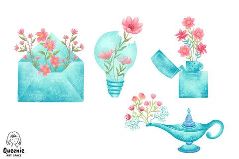 Spring Flower Blooms Watercolor Clipart Sublimation Q-nie Art Space 