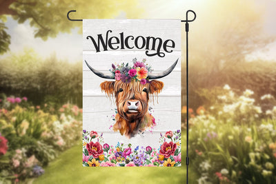 Spring Highland Cow Welcome Garden Flag Sublimation Design Sublimation BijouBay 