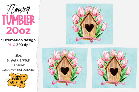 Spring tumbler sublimation design. Birdhouse and tulips Sublimation Yustaf Art Store 