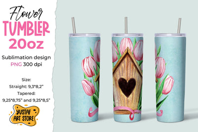 Spring tumbler sublimation design. Birdhouse and tulips Sublimation Yustaf Art Store 