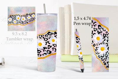 Spring Tumbler Wrap, 20oz Tumbler Daisies,Glitter Daisies Sublimation Design,daisy flowers wrap straight template, Daisis pen wrap Digital Pattern ArtStudio 