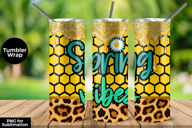 Spring Vibes 20 oz Skinny Tumbler Wrap Sublimation Design Honeycomb & Leopard Sublimation Sublimatiz Designs 