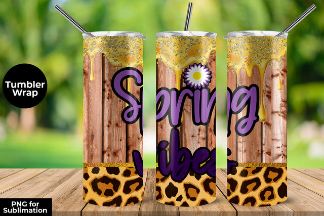 Spring Vibes 20 oz Skinny Tumbler Wrap Sublimation Design Wood & Leopard Sublimation Sublimatiz Designs 