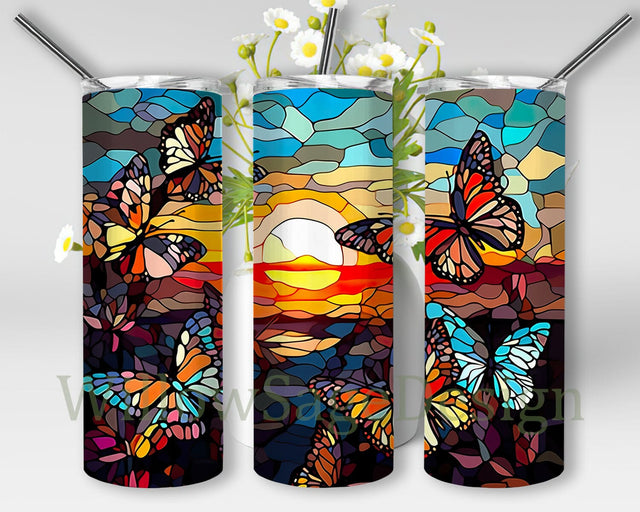 Springtime Stained Butterfly 20oz Skinny Tumbler Png, Butterflies Tumbler, Watercolor Butterflies Tumbler, Cute Mother's Day Gift for Grandma Sublimation WillowSageDesign 