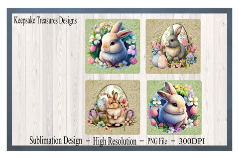 Square Easter Bunny Coasters, Sublimation Design Template, Set of 4, Sublimation PNG, Digital Download, Embossed Texture Paper Sublimation Keepsake Treasures Designs LLC. 