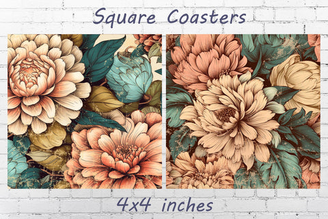 Square flowers coaster png, Retro floral sublimation design Sublimation AnastasiyaArtDesign 